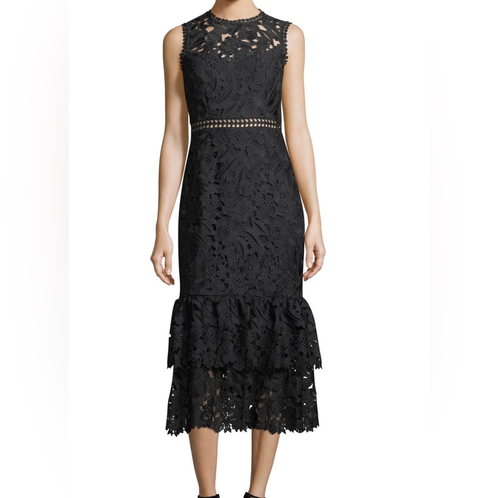 Shoshanna Midnight Embroidered Dominick Dress Midi Lace Black Womens 10